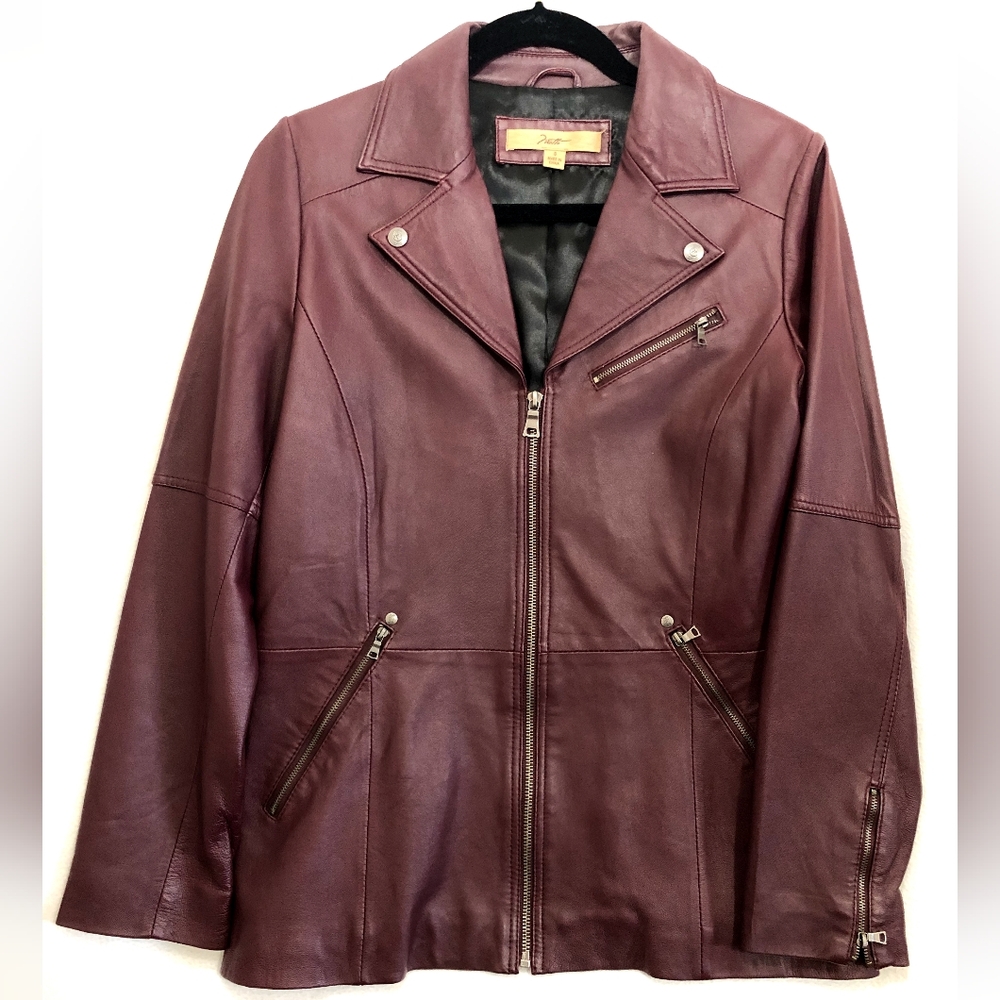 Women's Motto Burgundy Leather Jacket $5 Off Original Listing Price